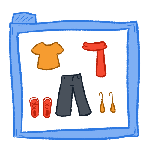 orange and red clothing inside of a transparent blue folder.